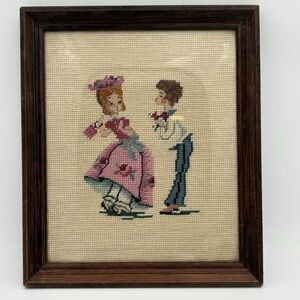 Courting Couple Vintage Needlepoint in Wooden Frame.